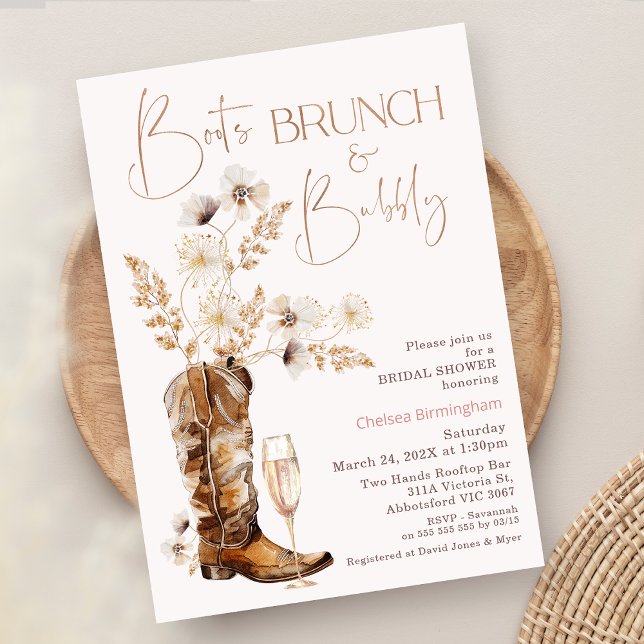 Boho WildblommBoots Brunch Bubly Möhippa Inbjudningar (Boho Floral Boots Brunch Bubbly Bridal Shower Invitation, Wildflowers Boots Bubble Bridal Shower)