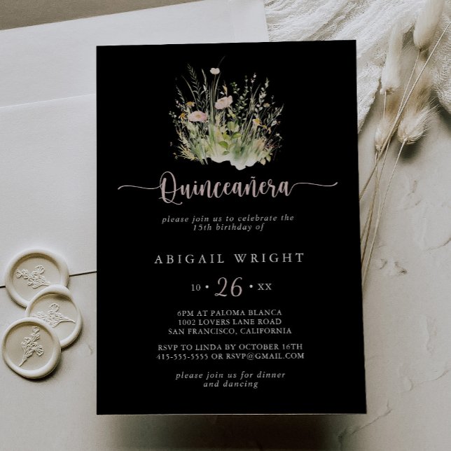 Boho Wildblomme Black Quinceañera-inbjudan Inbjudningar (Skapare uppladdad)