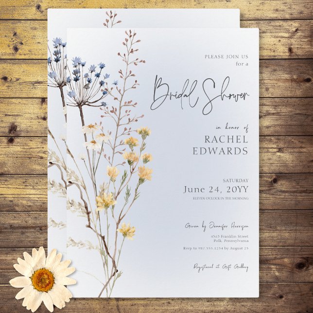 Boho Wildblomme Modern Blue Möhippa Inbjudningar (Boho Wildflower Modern Blue Bridal Shower Invitation)