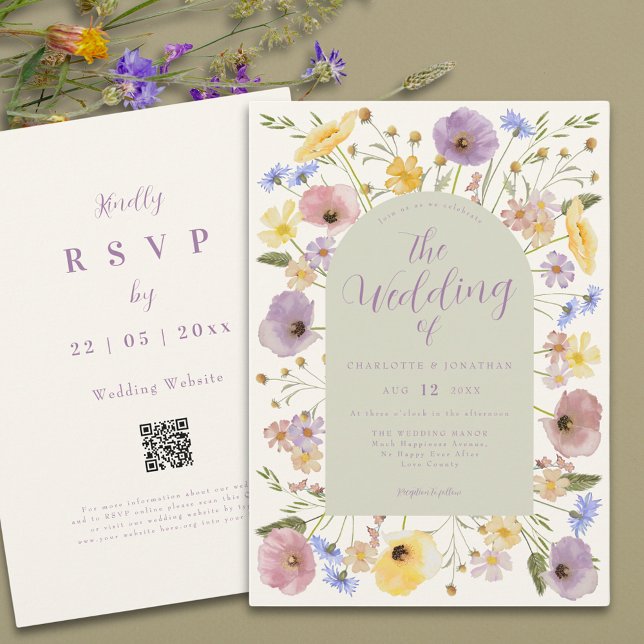 Boho Wildblomme Pastel Qr Code Bröllopsinbjudan Inbjudningar (Boho wildflower pastel wedding qr code invitation summer watercolor florals )