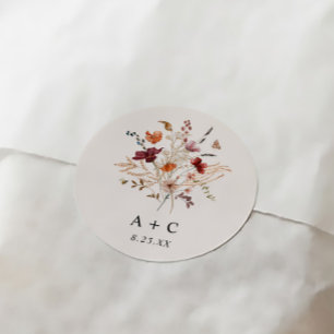 Boho WildblommFall Burgundy Rust Bröllop Runt Klistermärke