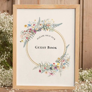 Boho WildblommFern Beige Bröllop Guest Bok Sign Poster