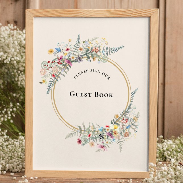 Boho WildblommFern Beige Bröllop Guest Bok Sign Poster (Skapare uppladdad)