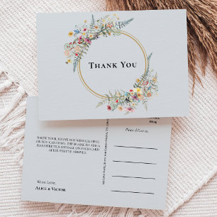Boho WildblommFern Dusty Blue Bröllop Tack Vykort