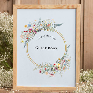 Boho WildblommFern Dusty Blue Guest Bok Sign Poster