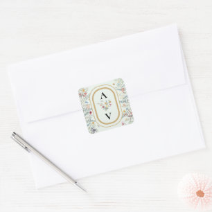 Boho WildblommFern Mint Grönt Monogram Favor Fyrkantigt Klistermärke