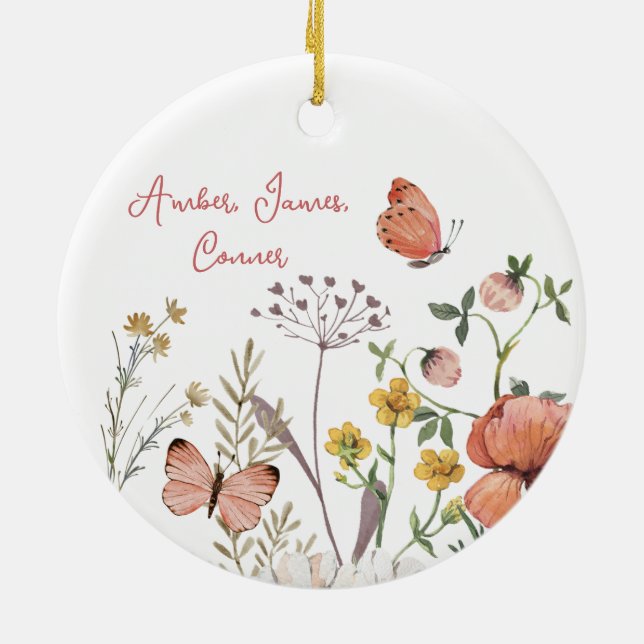 Boho WildblommFlower Personlig Namn Julgransprydnad Keramik (Baksidan)