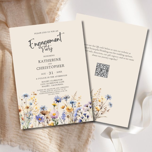 BOHO WildblommFörlovningsfest Elegant Beige Inbjudningar (BOHO Wildflowers Elegant Engagement Party Invitation with Purple, Blue, Yellow Flowers, QR Code.)