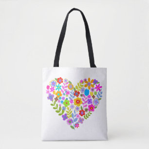 Boho WildblommHeart Tote Bag Tygkasse