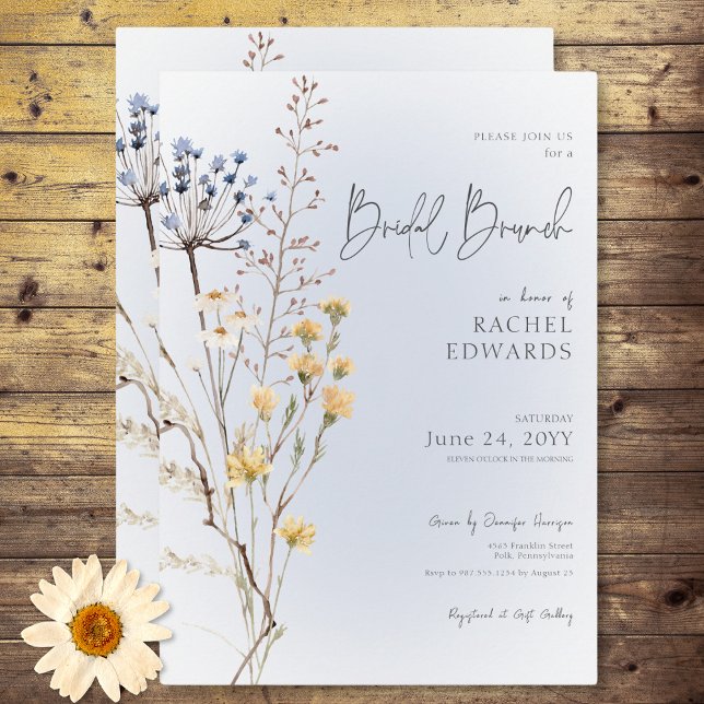 Boho WildblomModern Blue Möhippa Brunch Inbjudningar (Boho Wildflower Modern Blue Bridal Brunch Invitation)