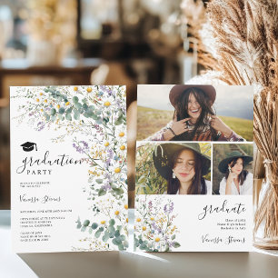 Boho Wildblommor 3 Foton Söt Studenten Inbjudningar