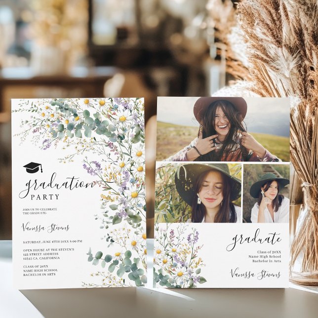 Boho Wildblommor 3 Foton Söt Studenten Inbjudningar (Boho Wildflowers 3 Photos Pretty Graduation Invitation)