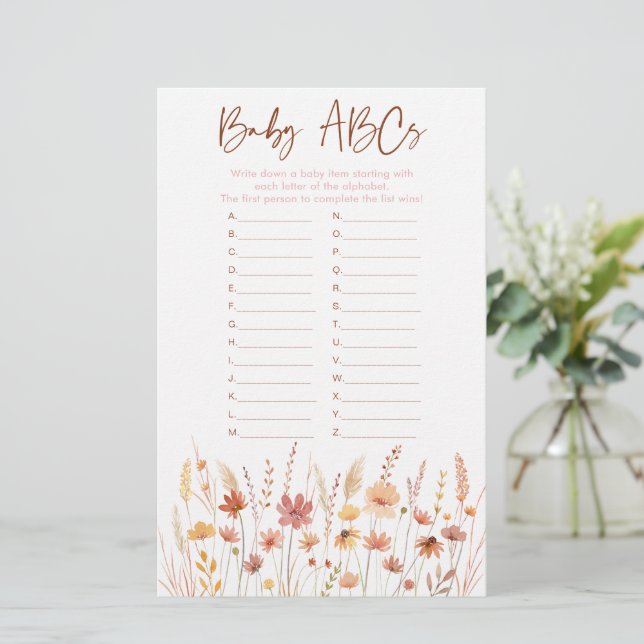Boho Wildblommor ABC Baby Shower Game (Stående Fram)