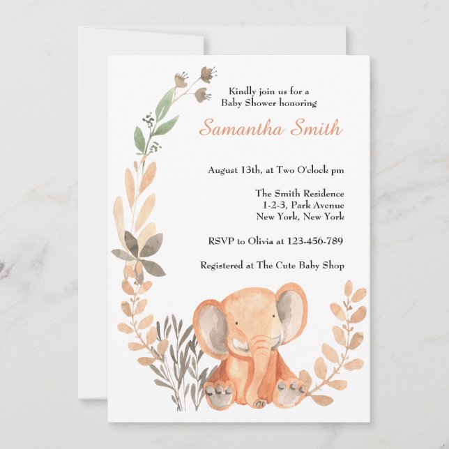 Boho Wildblommor Baby Elephant Baby Shower Inbjudningar (Framsida)