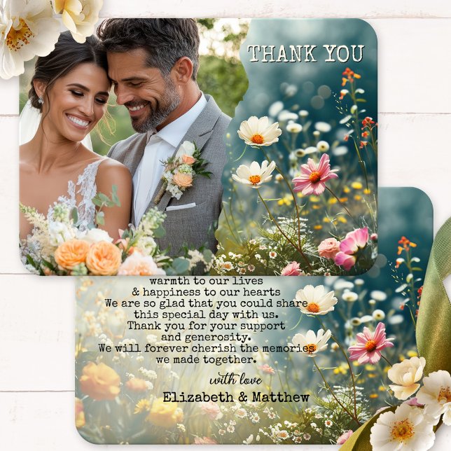 Boho Wildblommor Bröllop Photo Tack (Wedding Thank You card featuring your custom photo framed by a bohemian design with wildflowers.)
