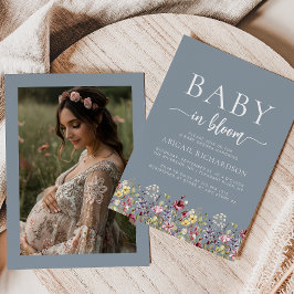 Boho Wildblommor Dusty Blue Photo Baby Shower Inbjudningar