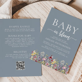Boho Wildblommor Dusty Blue QR Code Baby Shower Inbjudningar