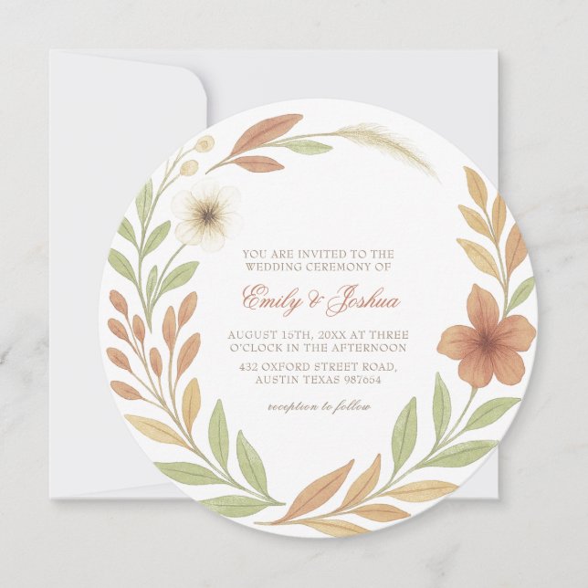 Boho Wildblommor Elegant Round Wedding bjudande Inbjudningar (Framsida)