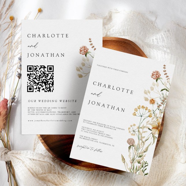 Boho Wildblommor Minimal QR-kod Bröllop Inbjudningar (Skapare uppladdad)