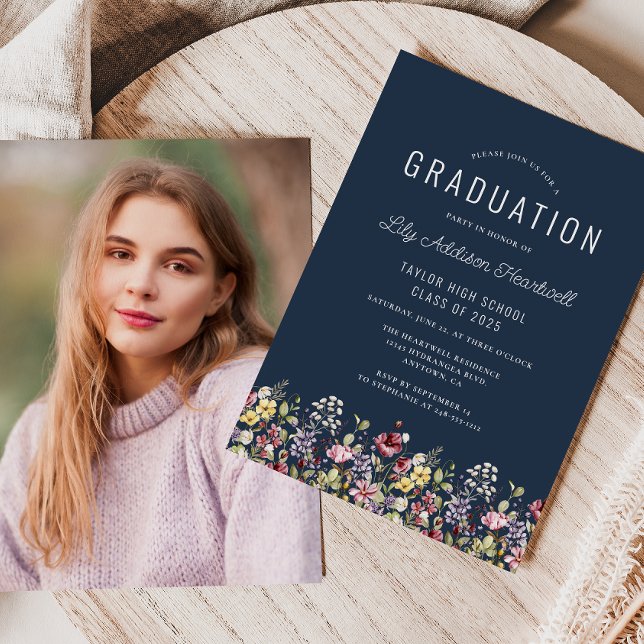 Boho Wildblommor Navy Blue Photo Studenten Inbjudningar (Skapare uppladdad)
