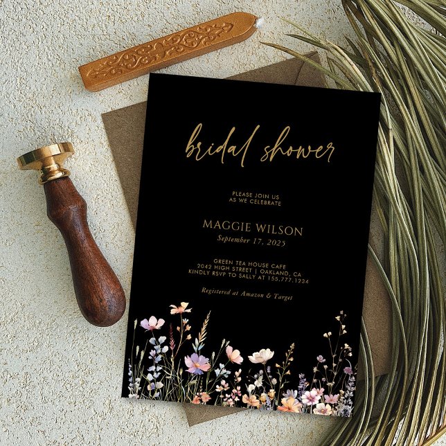 Boho Wildblommor Pop! Svart Möhippa Inbjudningar (Boho Wildflowers Pop! Black Bridal Shower Invitation Personalized)