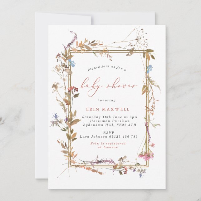 Boho Wildblommor Ram Baby Shower Inbjudningar (Framsida)