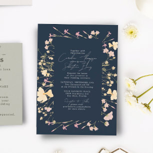 Boho Wildblommor Ram Navy Bröllop Inbjudningar
