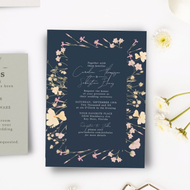 Boho Wildblommor Ram Navy Bröllop Inbjudningar (Skapare uppladdad)