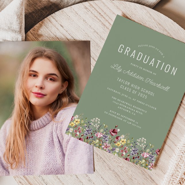Boho Wildblommor Sage Grönt Photo Studenten Inbjudningar (Skapare uppladdad)