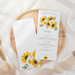 Boho Wildblommor Sunblommblommor Löv Bröllop Meny<br><div class="desc">Fina solblommor och blommigtar för bord i bröllop med vackra bukett av vilda blommor överst med namn kurvformad ovanför och en solrosmotiv vid grund och samordnande blommigtar på baksidan. Typografin är förenklad och snyggt och är lätt att personlig till dina egna detaljer. Du kan också ändra teckensnittet stil och färg...</div>