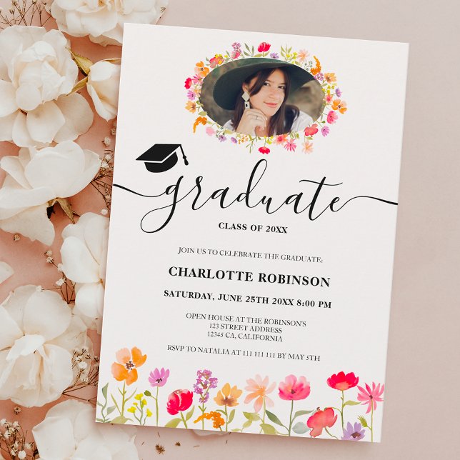 Boho wildblommor vår blommigt-fotot studenten inbjudningar (Boho wildflowers spring floral photo graduation invitation)