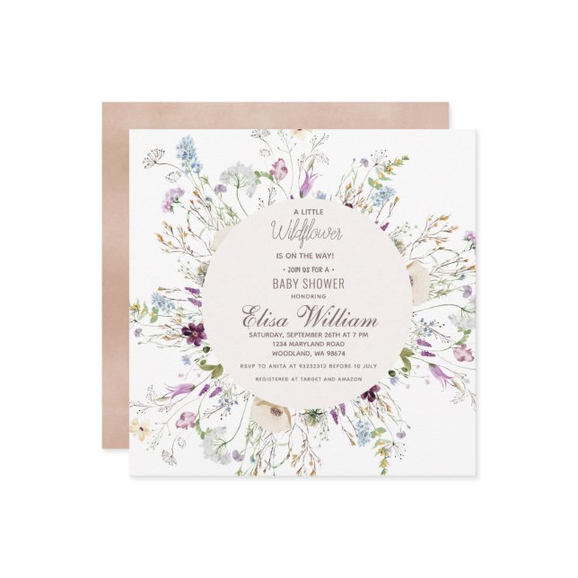 Boho Wildblommor Vattenfärgsbabyskor Inbjudan (Fram/Back In Situ)