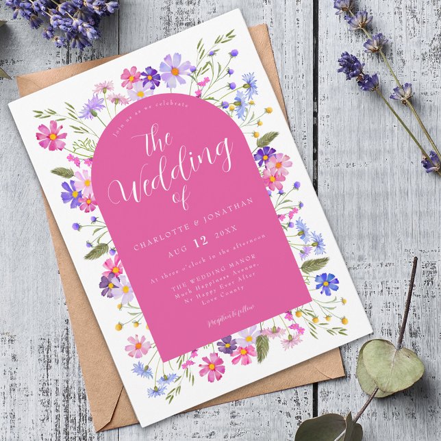 Boho WildblommRosa Bröllop Inbjudningar (Wildflower boho hot pink script wedding invitation )