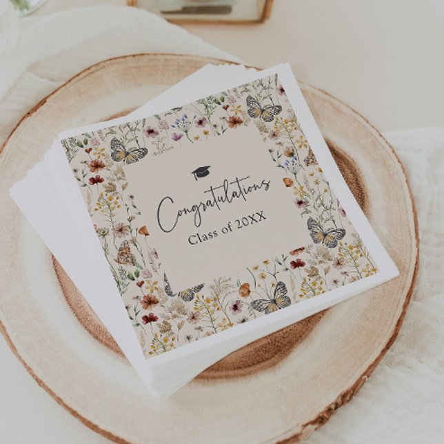 Boho WildblommStudenten Pappersservett (Boho Wildflowers Graduation Napkins with Butterflies by Painted Paperie
)