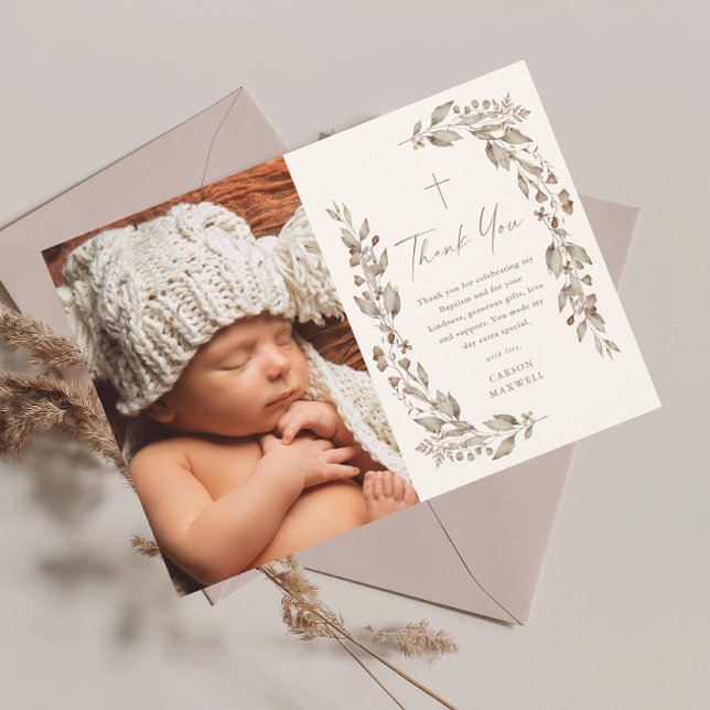 Boho WildblomNeutralt Photo Baptism Tack Inbjudningar (Boho wildflower elegant ivory gender neutral photo baptism thank you card.)