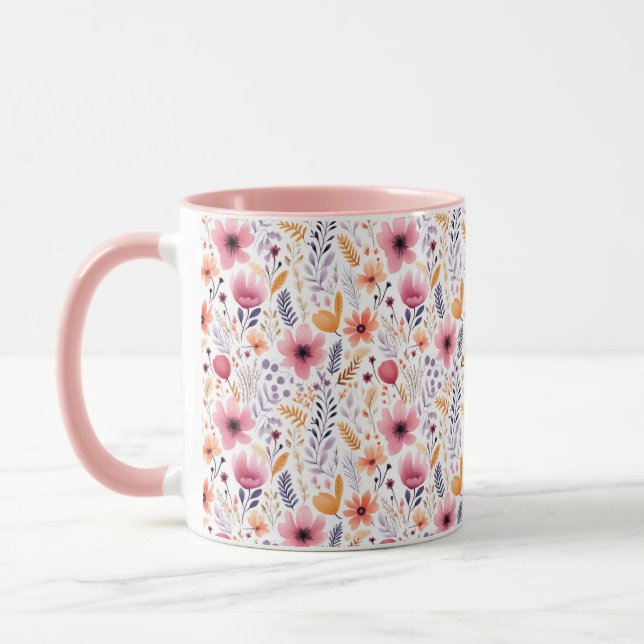 Boho WildblomRosa Orange Lila Coral Blommigt Mugg (Vänster)