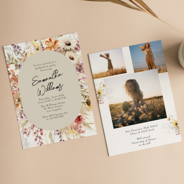 Boho Wildbloms 3 Photo Studentfest Inbjudningar (Skapare uppladdad)