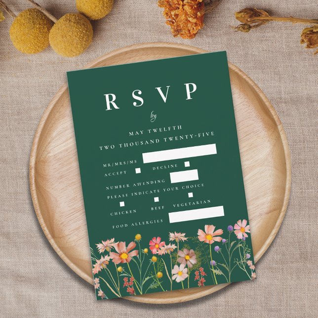 Boho Wildbloms Blommigt Meal Options Grönt Bröllop OSA Kort (Boho fall Wildflower floral dark green Wedding rsvp card watercolor flowers elegant modern)
