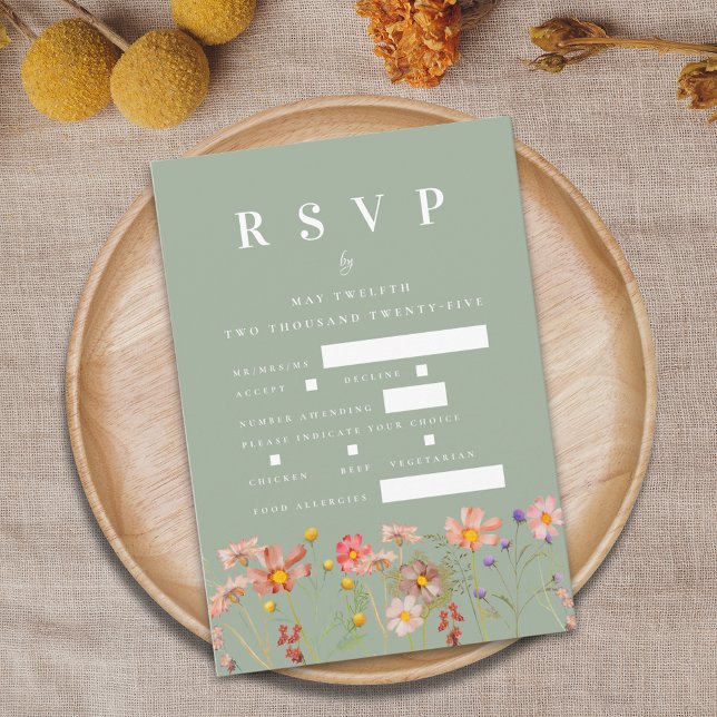 Boho Wildbloms Blommigt Meal Options Grönt Bröllop OSA Kort (Boho wildflower floral sage green wedding rsvp including card Meal choices food allergies)