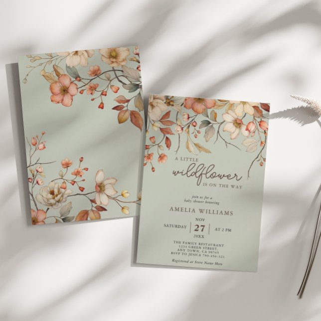 Boho Wildbloms Blommigt Sage Grönt Baby Shower Inbjudningar (Skapare uppladdad)