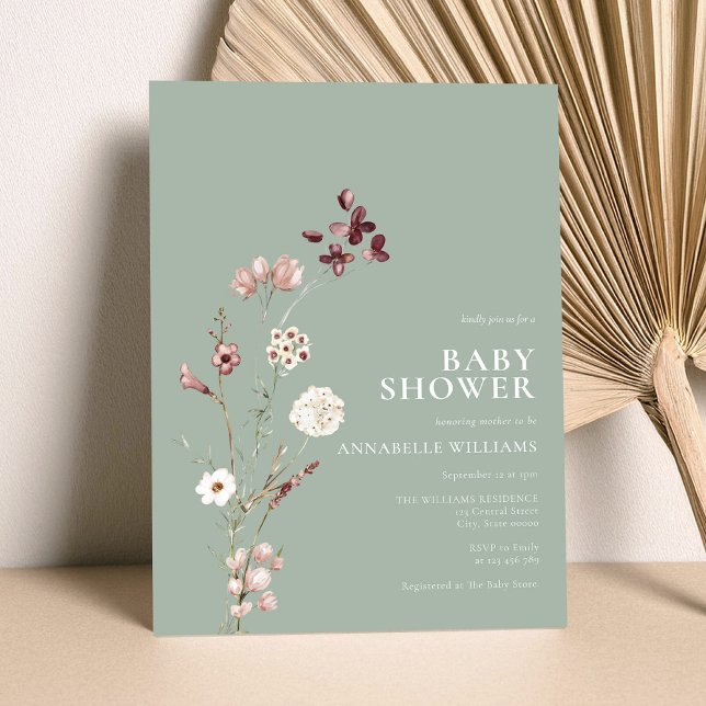 Boho Wildbloms Blommigt Sage Grönt Baby Shower Inbjudningar (Skapare uppladdad)