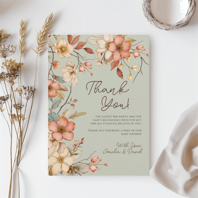 Boho Wildbloms Blommigt Sage Grönt Baby Shower Tack Kort (Skapare uppladdad)