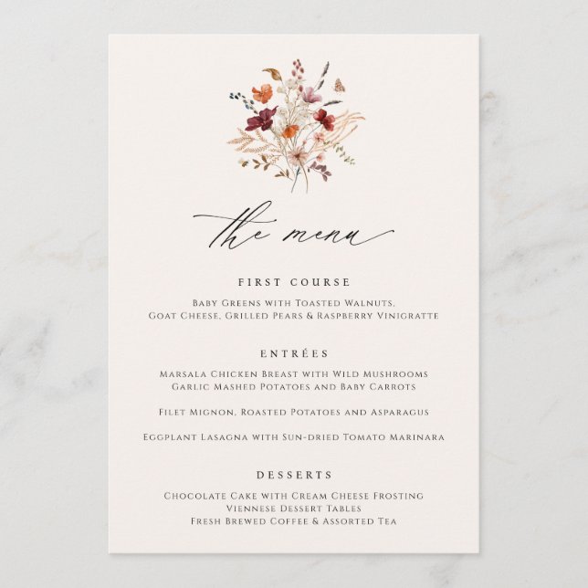 Boho Wildbloms Elegant Fall Wedding Menus Meny (Framsida)