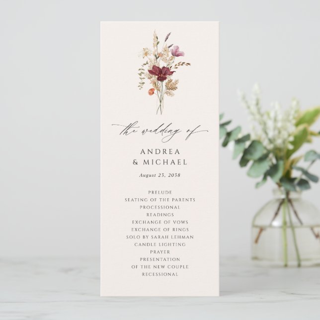 Boho Wildbloms Elegant Fall Wedding Program (Stående Fram)