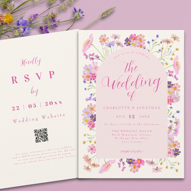 Boho Wildbloms Elegant Rosa QR Code Bröllop Inbjudningar (Boho wildflower pink script wedding qr code invitation )