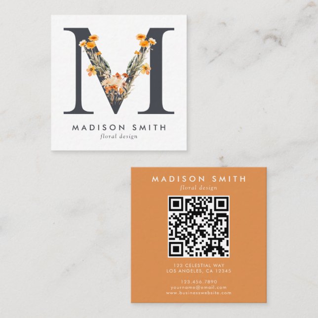 Boho Wildbloms första M QR-kod Fyrkantigt Visitkort (Fram/baksida)