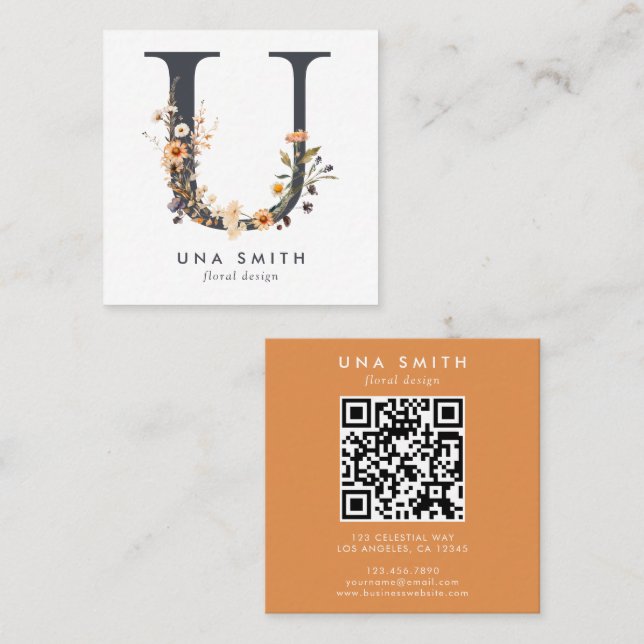 Boho Wildbloms första U QR-kod Fyrkantigt Visitkort (Fram/baksida)