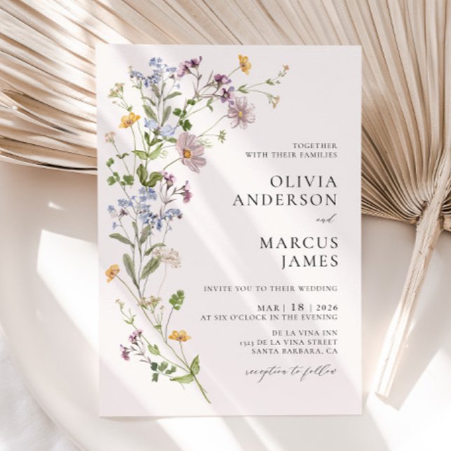Boho Wildbloms inbjudan till botaniskt bröllop (Invitation Front)