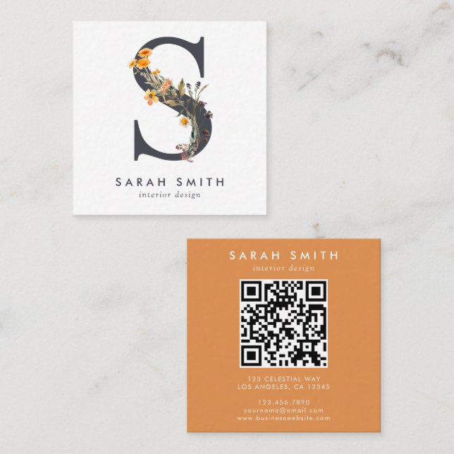 Boho Wildbloms inledande S QR-kod Fyrkantigt Visitkort (Fram/baksida)