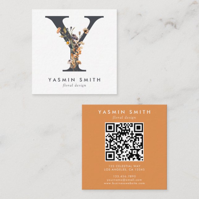 Boho Wildbloms inledande Y QR-kod Fyrkantigt Visitkort (Fram/baksida)